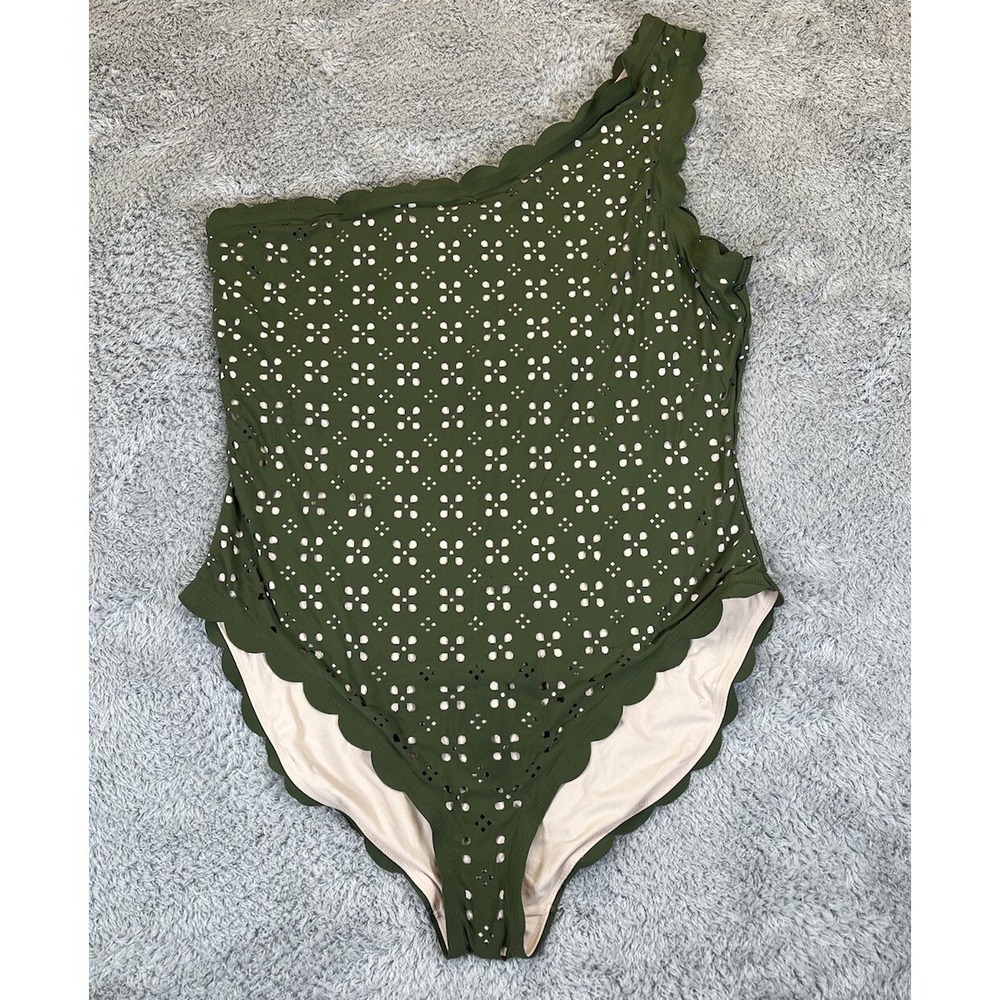 J. Crew Scalloped One-Shoulder Swimsuit 20 Green Olive Nude One Piece Cutout